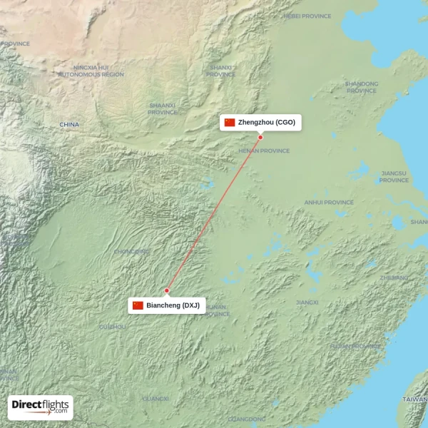 Zhengzhou - Biancheng direct flight map