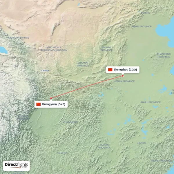 Zhengzhou - Guangyuan direct flight map