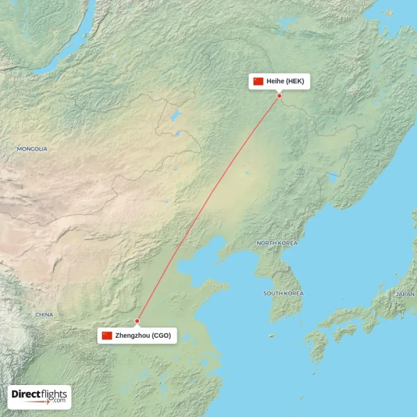 Zhengzhou - Heihe direct flight map