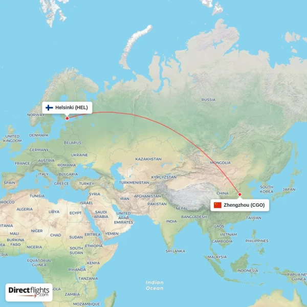 Zhengzhou - Helsinki direct flight map