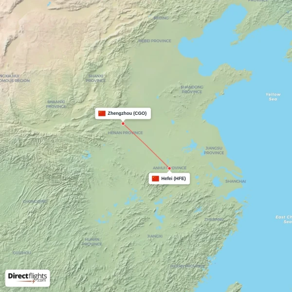 Zhengzhou - Hefei direct flight map