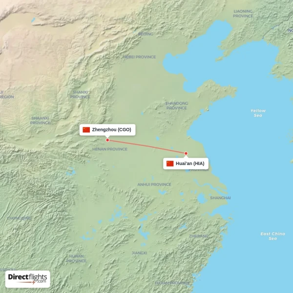 Zhengzhou - Huai'an direct flight map