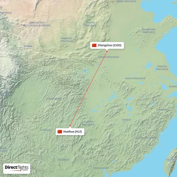Zhengzhou - Huaihua direct flight map