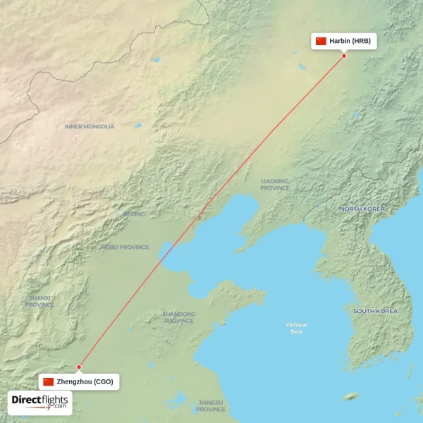 Zhengzhou - Harbin direct flight map
