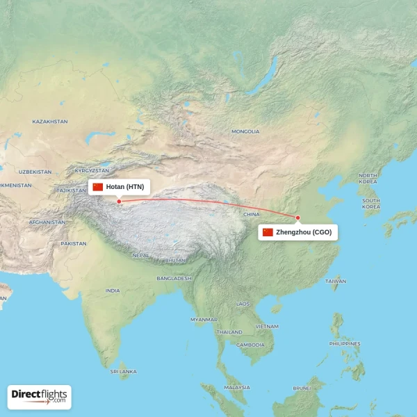 Zhengzhou - Hotan direct flight map