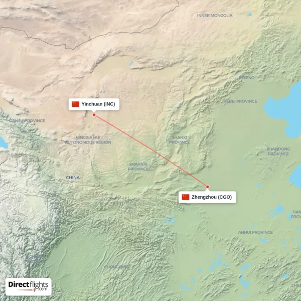 Zhengzhou - Yinchuan direct flight map