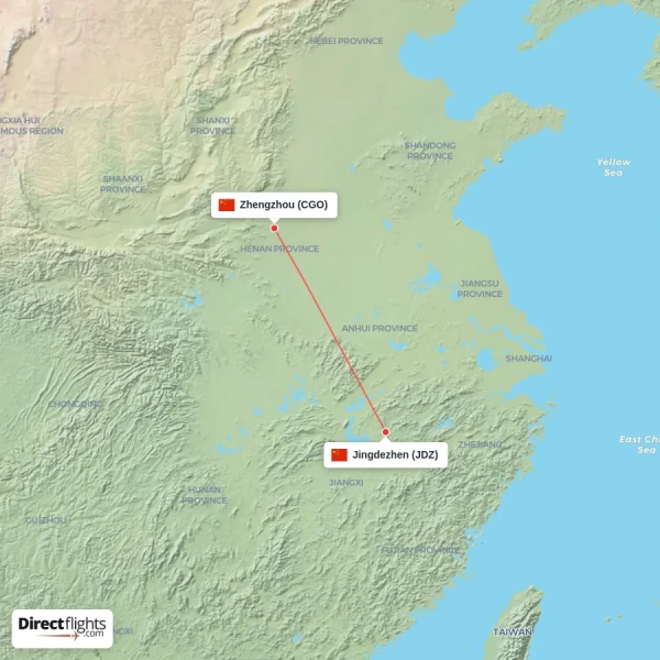 Zhengzhou - Jingdezhen direct flight map