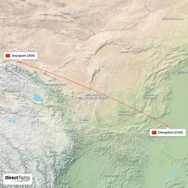 Zhengzhou - Jiayuguan direct flight map