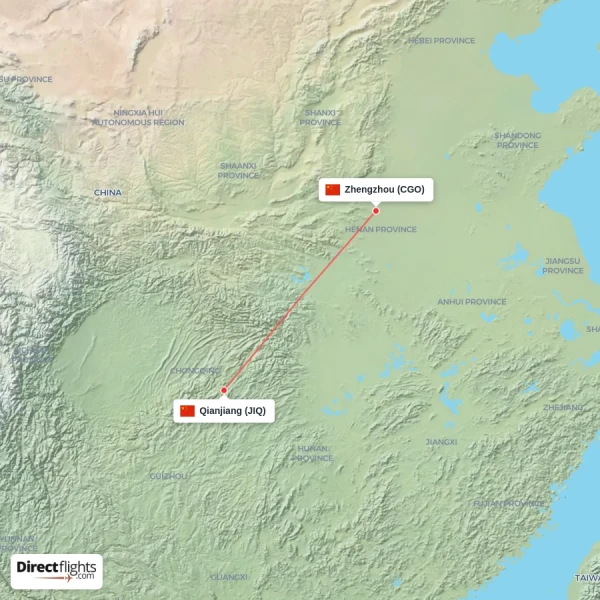 Zhengzhou - Qianjiang direct flight map