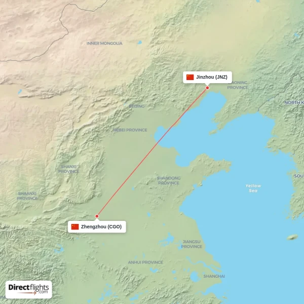 Zhengzhou - Jinzhou direct flight map