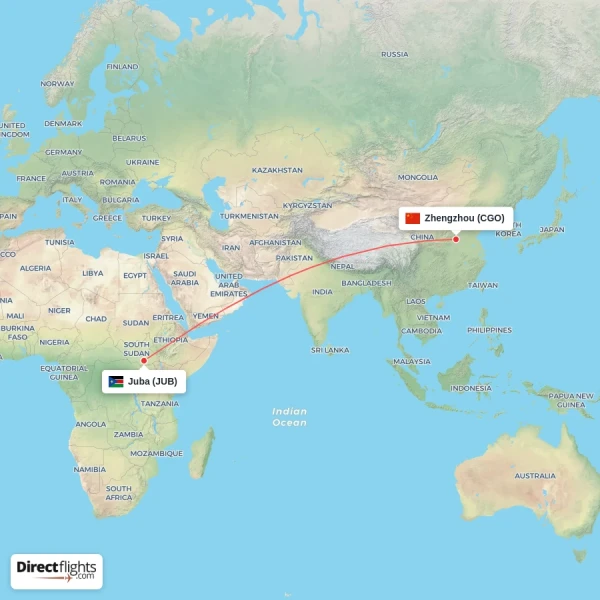 Zhengzhou - Juba direct flight map