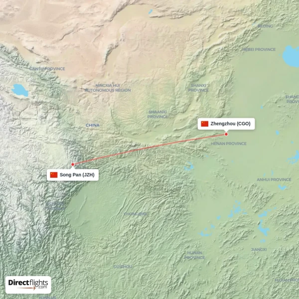 Zhengzhou - Song Pan direct flight map