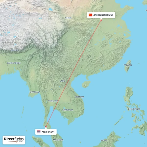 Zhengzhou - Krabi direct flight map