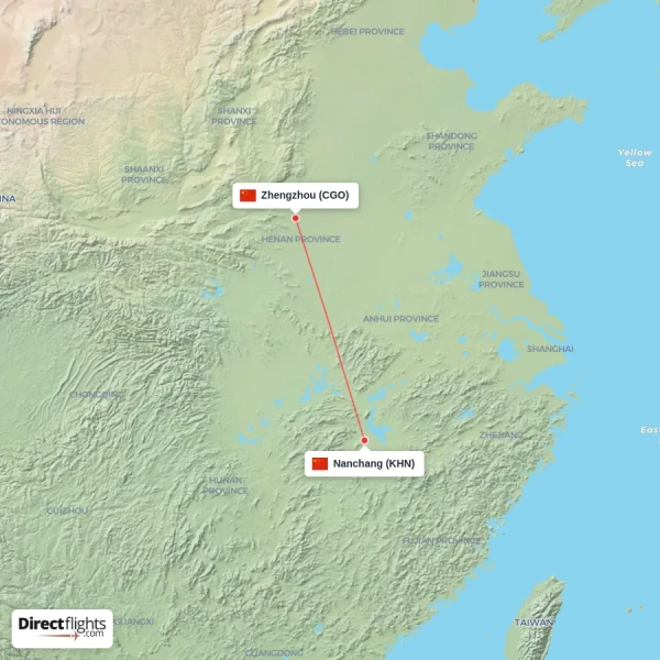 Zhengzhou - Nanchang direct flight map