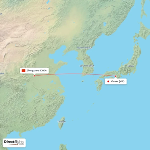 Zhengzhou - Osaka direct flight map