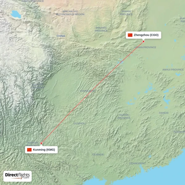 Zhengzhou - Kunming direct flight map