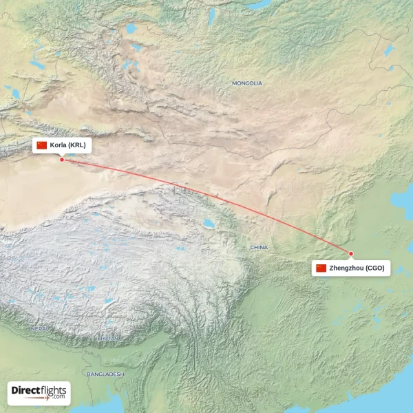 Zhengzhou - Korla direct flight map