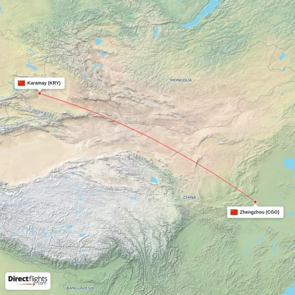 Zhengzhou - Karamay direct flight map