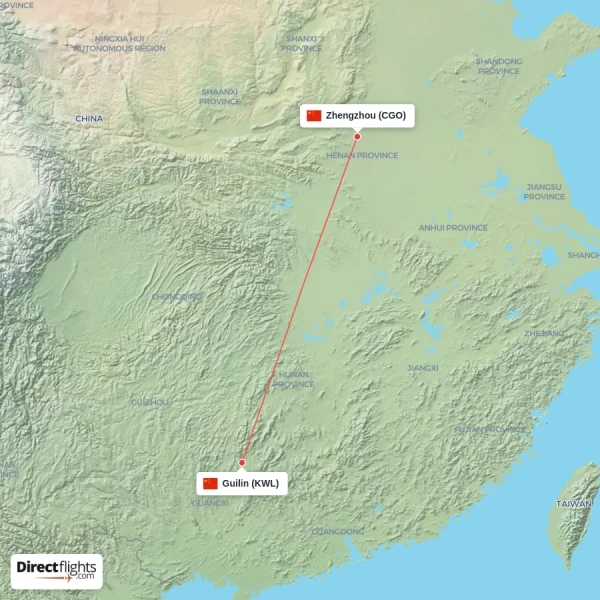 Zhengzhou - Guilin direct flight map
