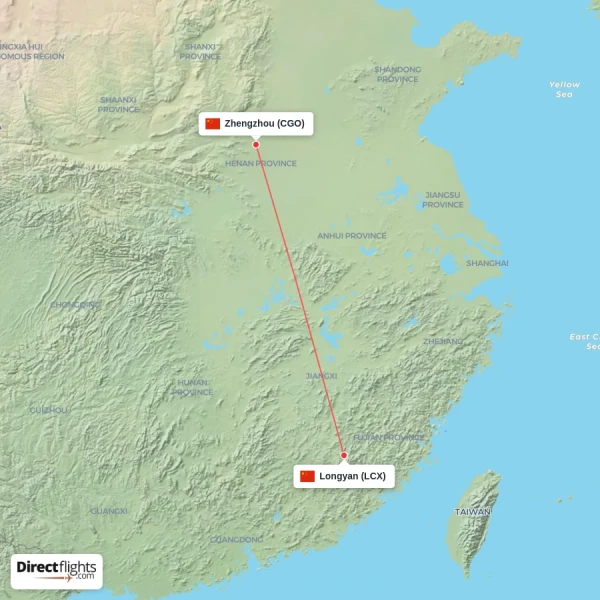 Zhengzhou - Longyan direct flight map