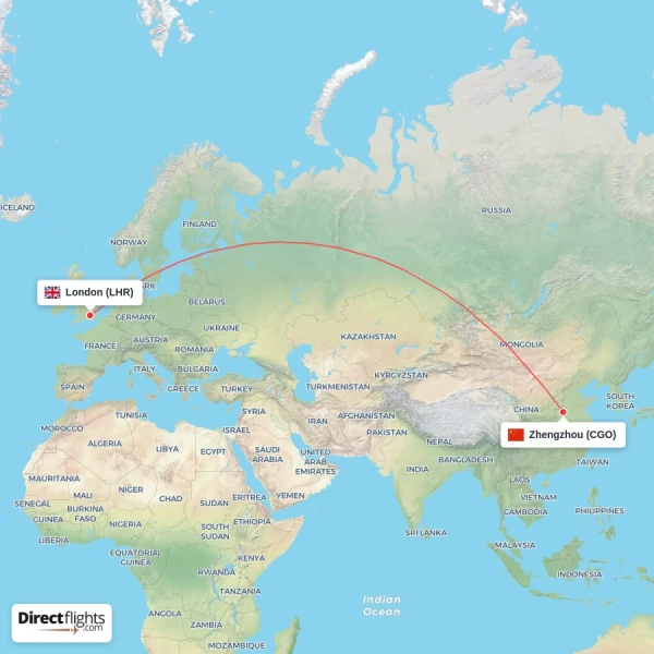 Zhengzhou - London direct flight map