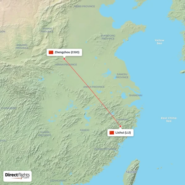 Zhengzhou - Lishui direct flight map