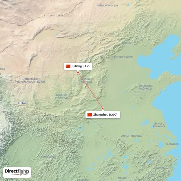 Zhengzhou - Luliang direct flight map