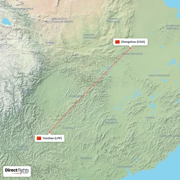 Zhengzhou - Yuezhao direct flight map