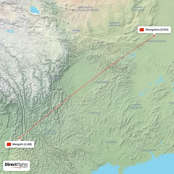 Zhengzhou - Mangshi direct flight map
