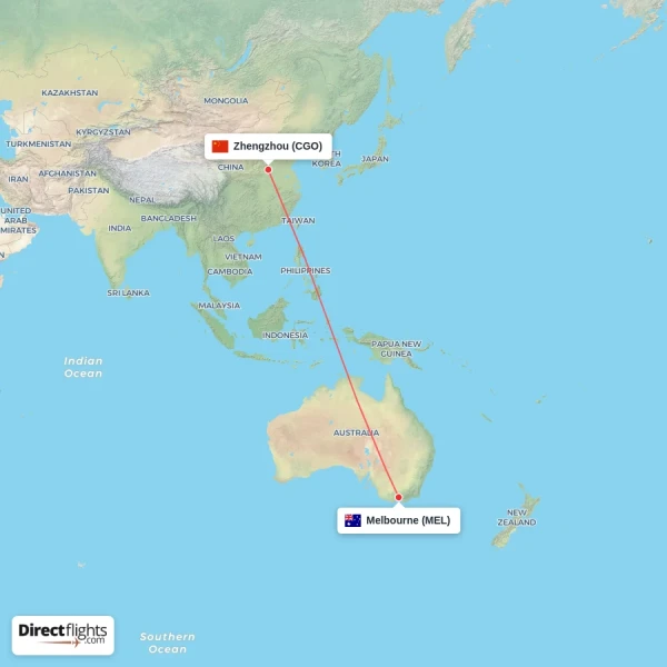 Zhengzhou - Melbourne direct flight map