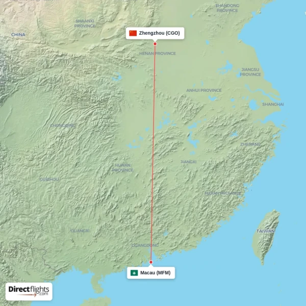 Zhengzhou - Macau direct flight map