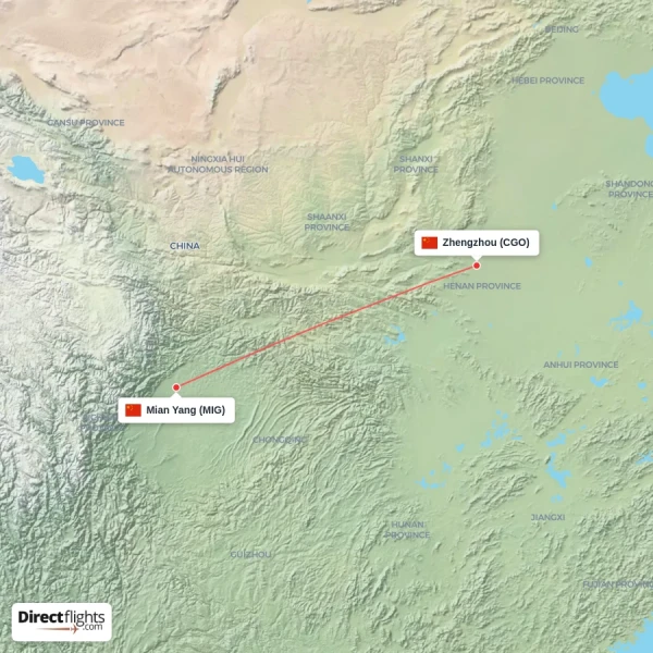 Zhengzhou - Mian Yang direct flight map