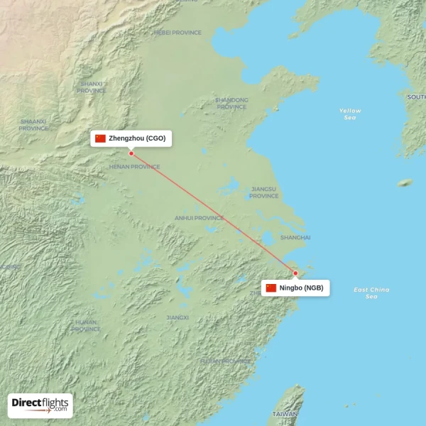 Zhengzhou - Ningbo direct flight map