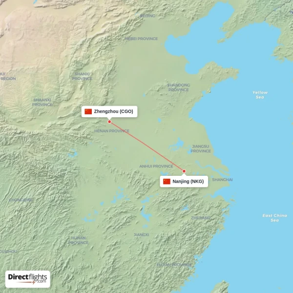 Zhengzhou - Nanjing direct flight map