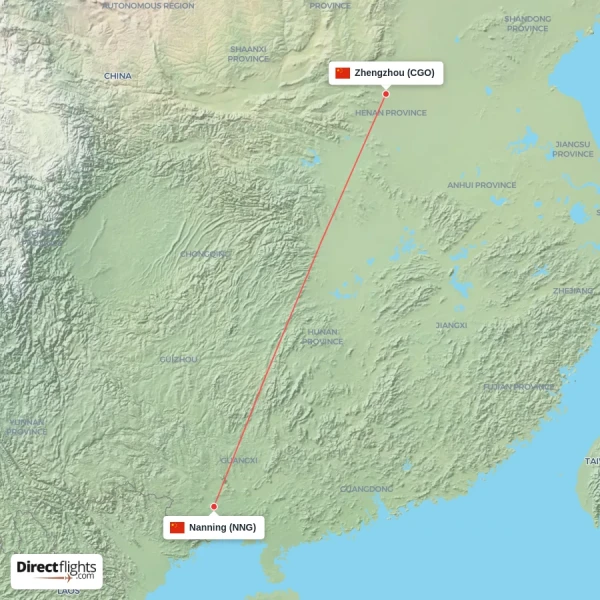 Zhengzhou - Nanning direct flight map