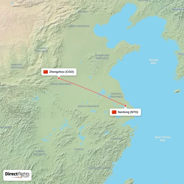 Zhengzhou - Nantong direct flight map