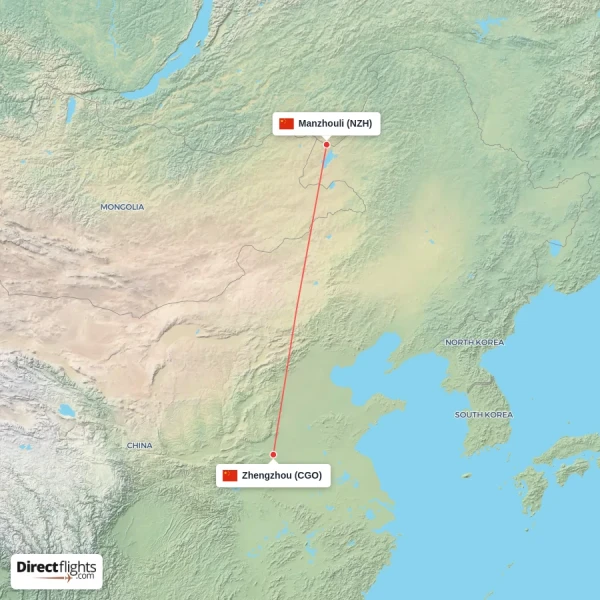 Zhengzhou - Manzhouli direct flight map