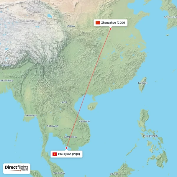 Zhengzhou - Phu Quoc direct flight map