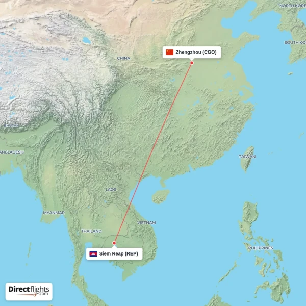 Zhengzhou - Siem Reap direct flight map