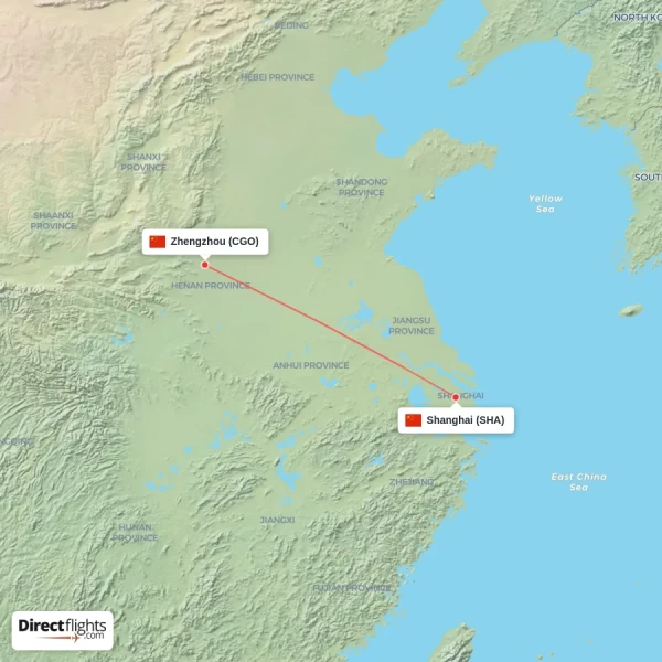 Zhengzhou - Shanghai direct flight map