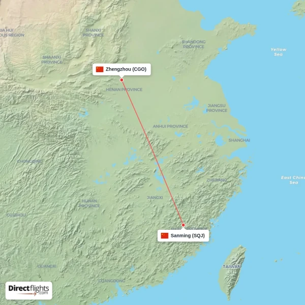 Zhengzhou - Sanming direct flight map