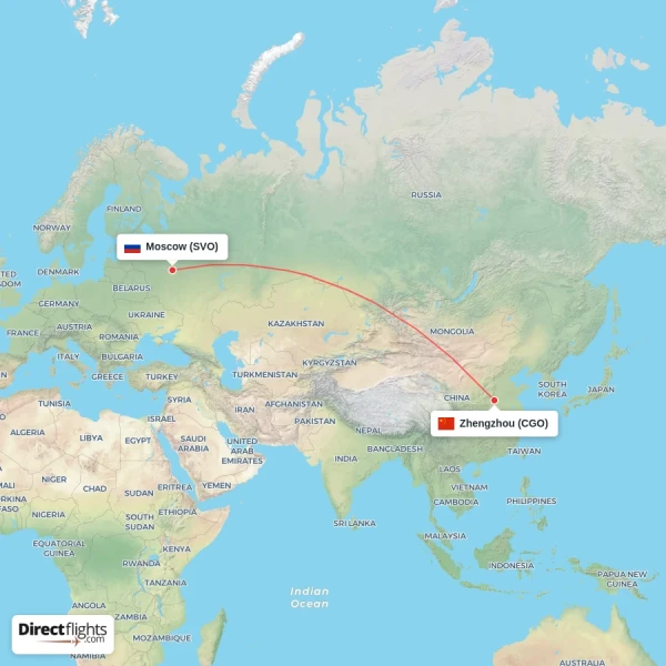 Zhengzhou - Moscow direct flight map