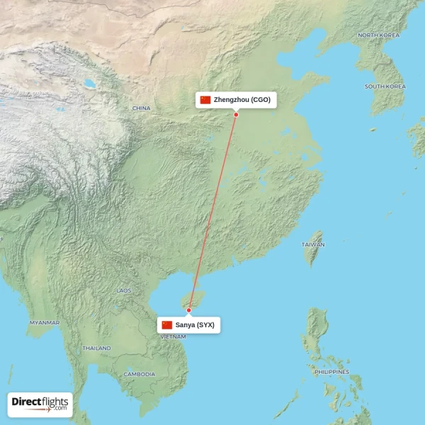 Zhengzhou - Sanya direct flight map