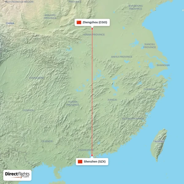 Zhengzhou - Shenzhen direct flight map