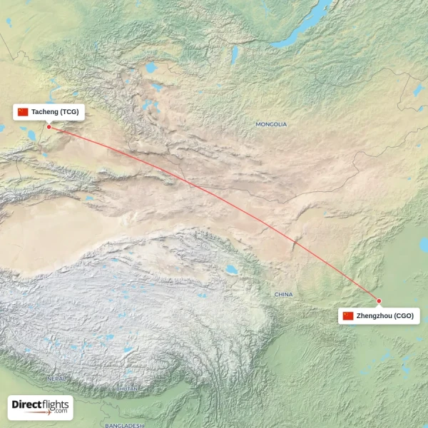 Zhengzhou - Tacheng direct flight map