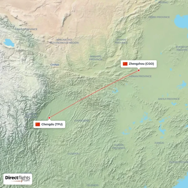 Zhengzhou - Chengdu direct flight map