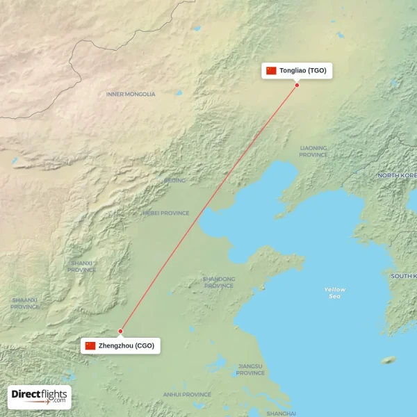 Zhengzhou - Tongliao direct flight map