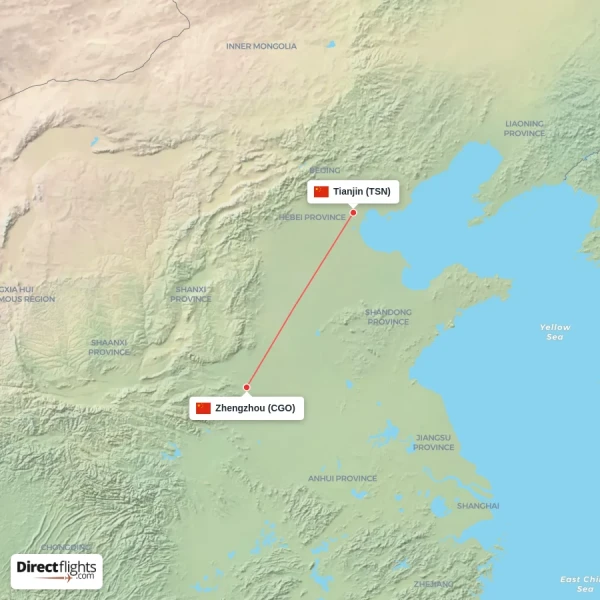 Zhengzhou - Tianjin direct flight map
