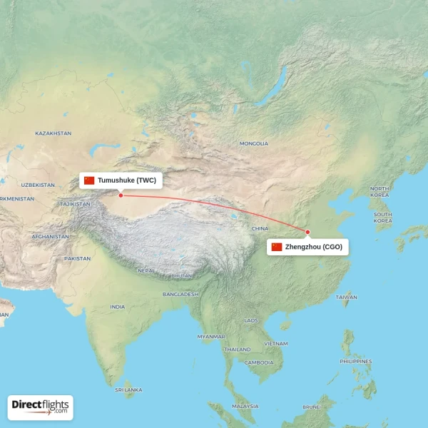 Zhengzhou - Tumushuke direct flight map