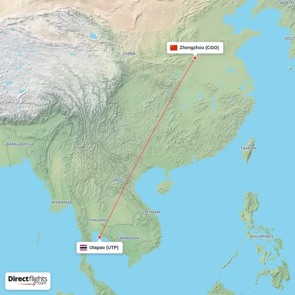 Zhengzhou - Utapao direct flight map